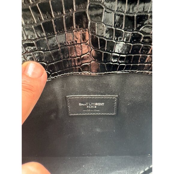 Saint Laurent YSL Black Uptown Pouch In Crocodile Embossed Shiny Leather - Picture 8 of 9